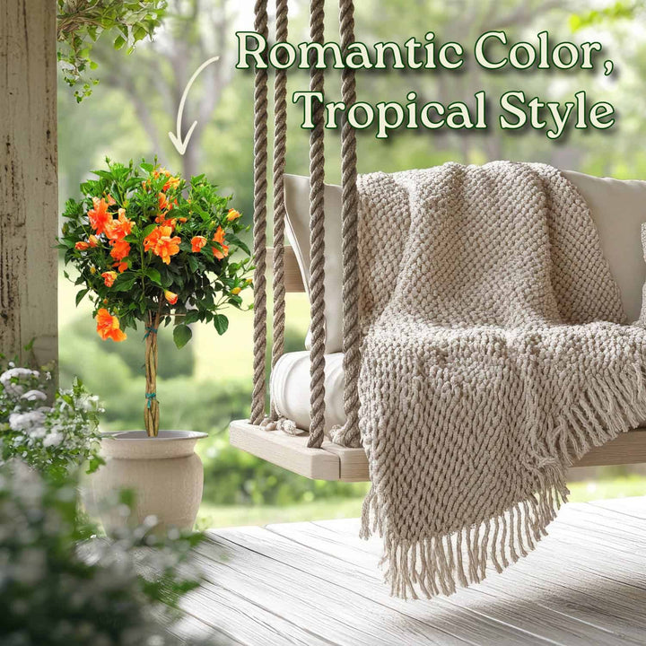 Tropical-themed outdoor swing with a blanket and flowers on a wooden deck. #trunk_braided