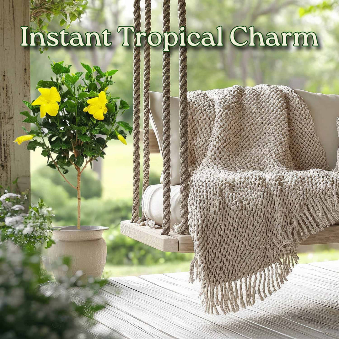 Tropical-themed outdoor swing with a blanket and plant on a wooden deck. #trunk_standard