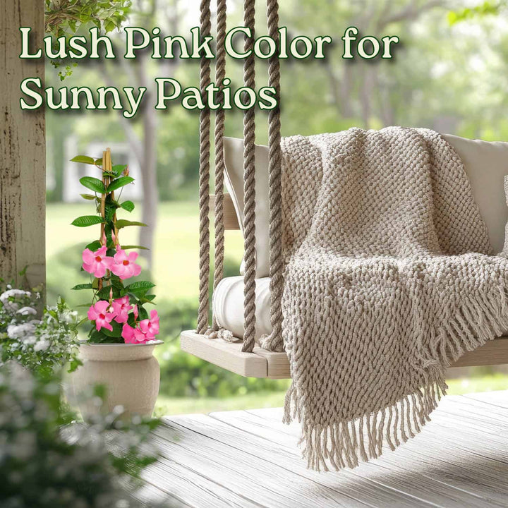 Sunny patio with a swing, blanket, and potted plant on a wooden deck. #size_3-gallon