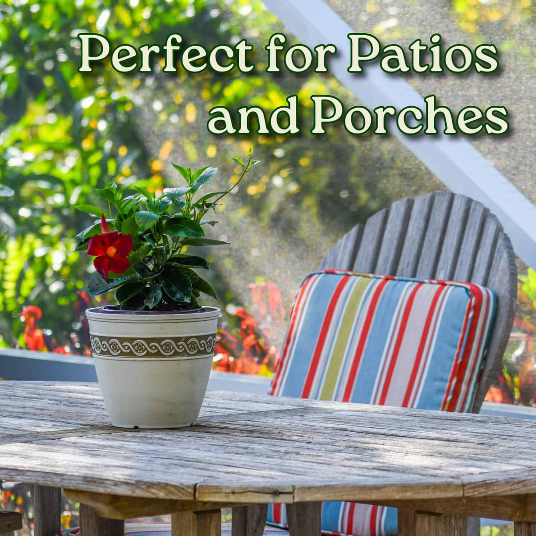 Potted plant on a wooden table with a striped cushion chair in the background, text 'Perfect for Patios and Porches' above. #size_1-gallon