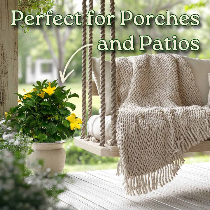Swing chair with a blanket on a porch with plants and flowers. #size_3-gallon